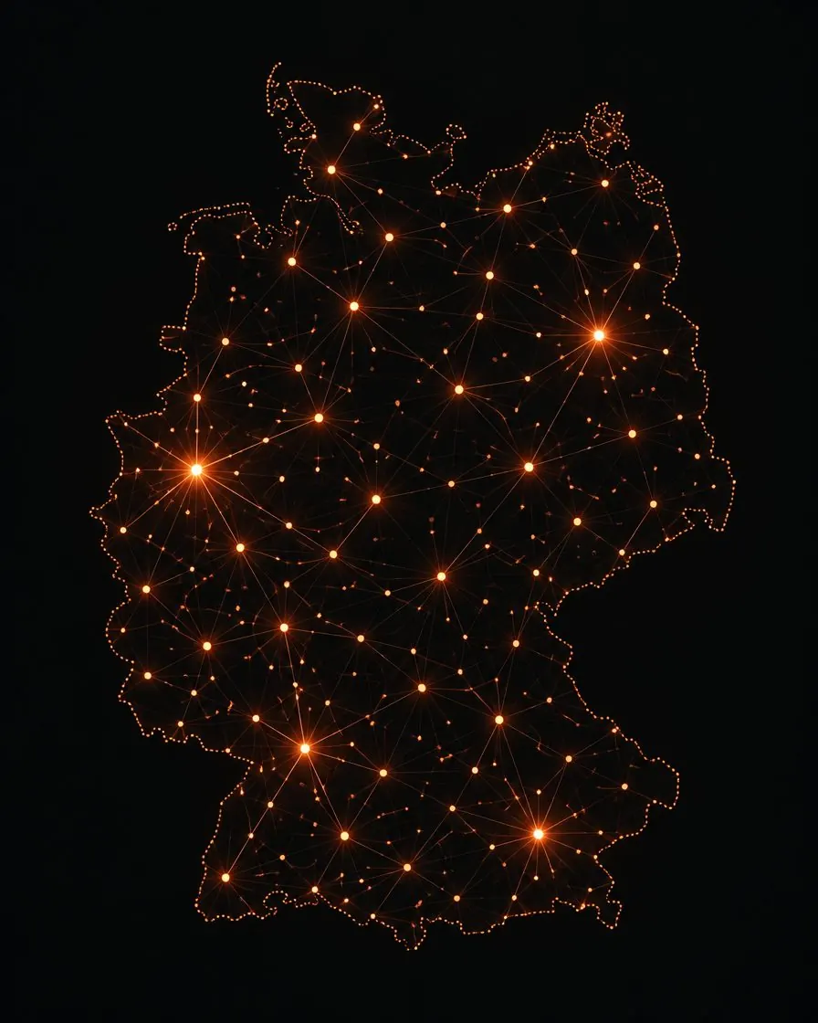 Stilisierte Deutschlandkarte mit leuchtenden Knotenpunkten als Partnernetz