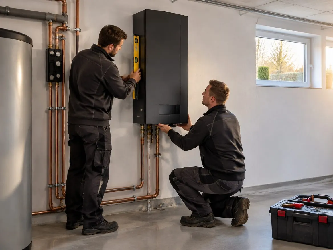 Zwei Installateure montieren eine Heizzentrale an der Wand eines Technikraums