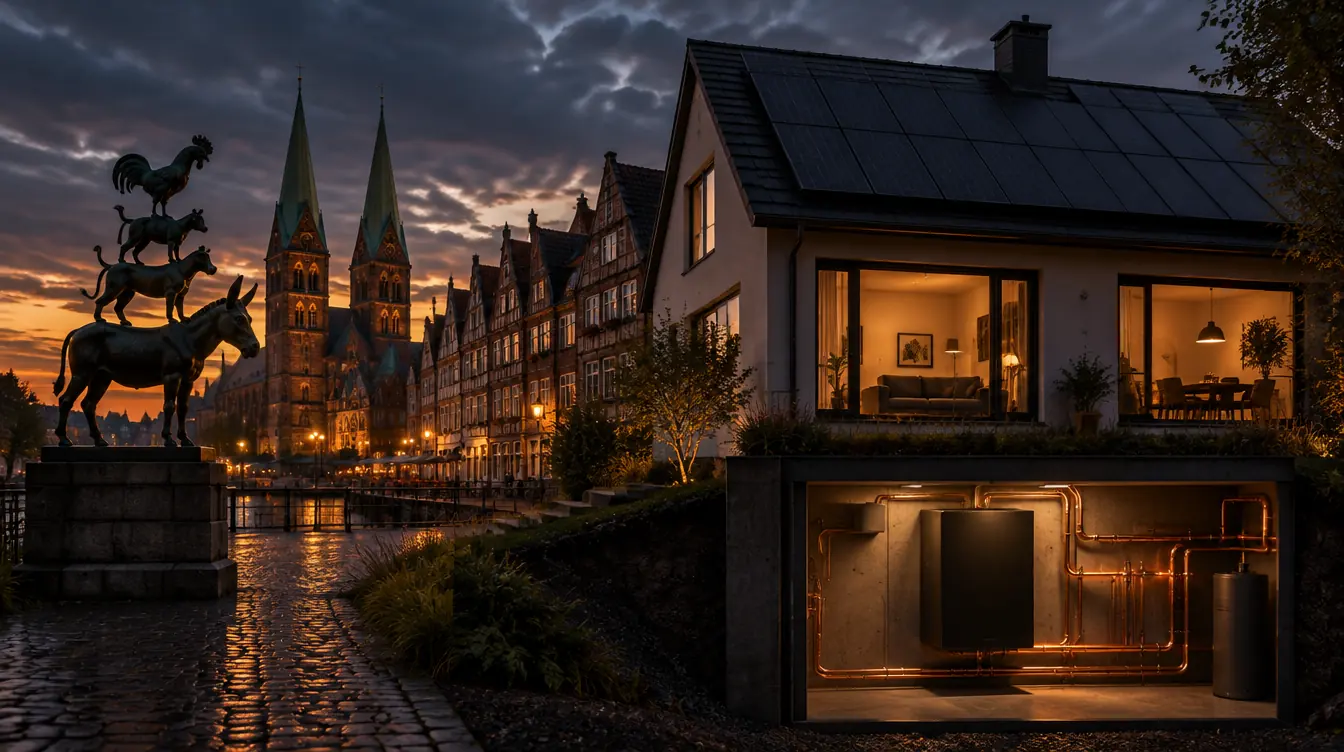 Typisches Haus in Bremen mit PV-Dach und Heizzentrale im Technikraum – Illustration