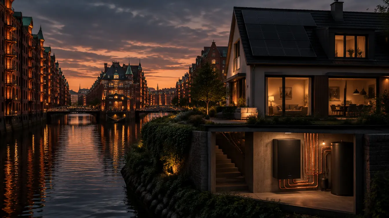 Typisches Haus in Hamburg mit PV-Dach und Heizzentrale im Technikraum – Illustration
