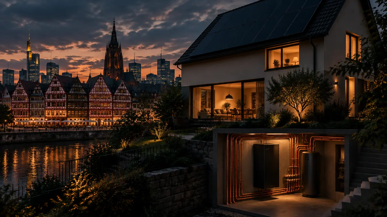 Typisches Haus in Hessen mit PV-Dach und Heizzentrale im Technikraum – Illustration
