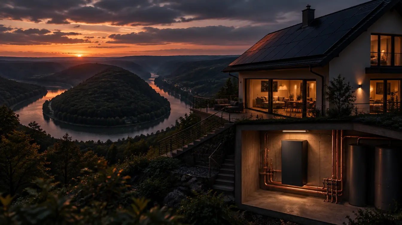 Typisches Haus im Saarland mit PV-Dach und Heizzentrale im Technikraum – Illustration