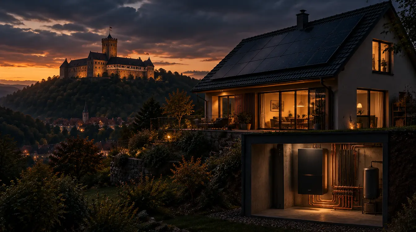 Typisches Haus in Thüringen mit PV-Dach und Heizzentrale im Technikraum – Illustration