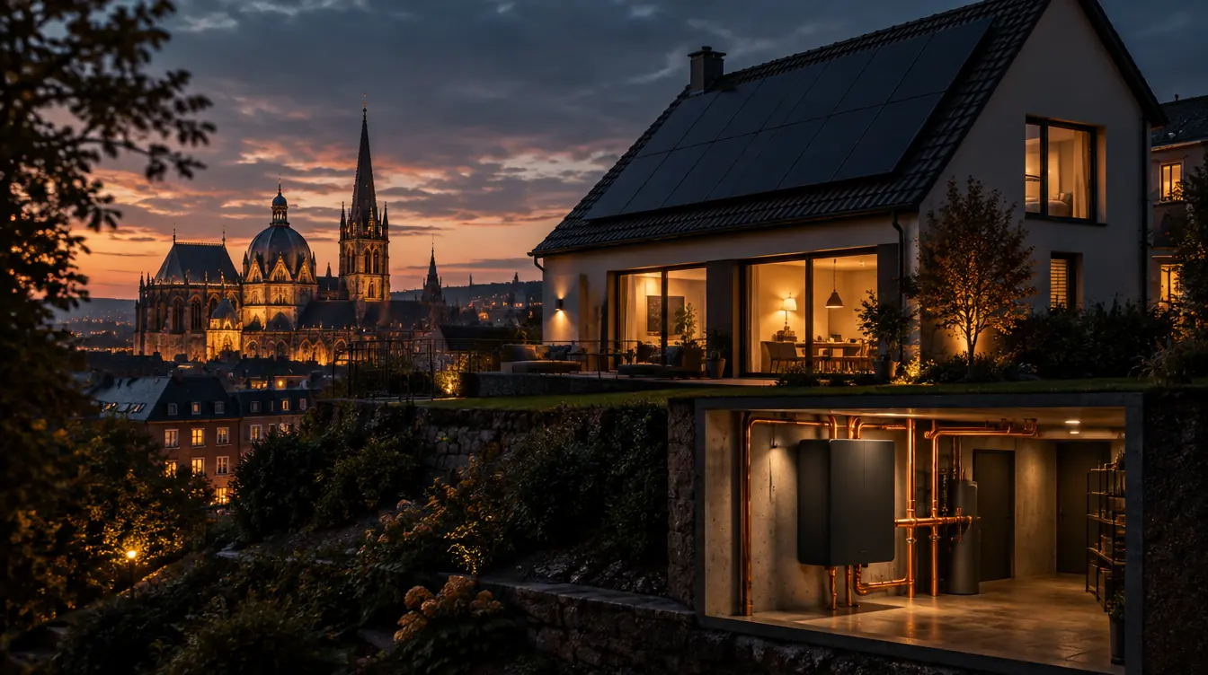 Haus in Aachen mit PV-Dach und Heizzentrale im Technikraum – Illustration