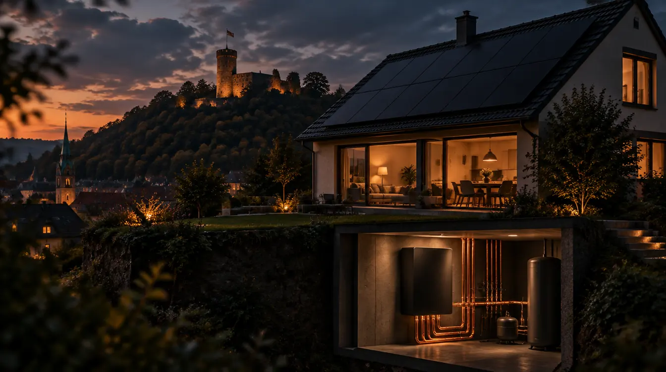 Haus in Bielefeld mit PV-Dach und Heizzentrale im Technikraum – Illustration