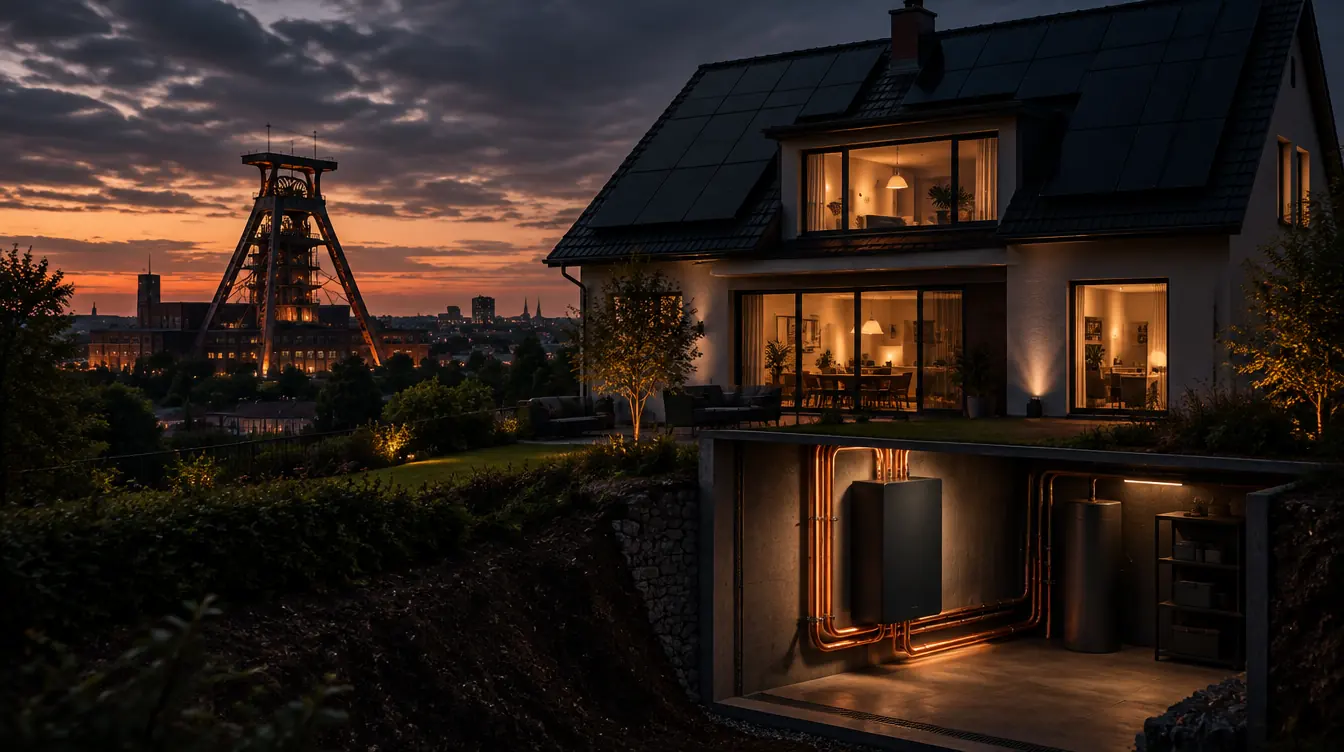 Haus in Bochum mit PV-Dach und Heizzentrale im Technikraum – Illustration