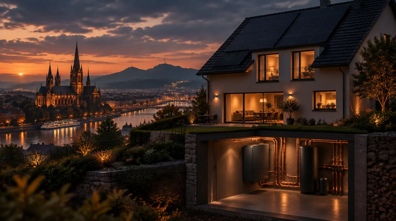 Haus in Bonn mit PV-Dach und Heizzentrale im Technikraum – Illustration