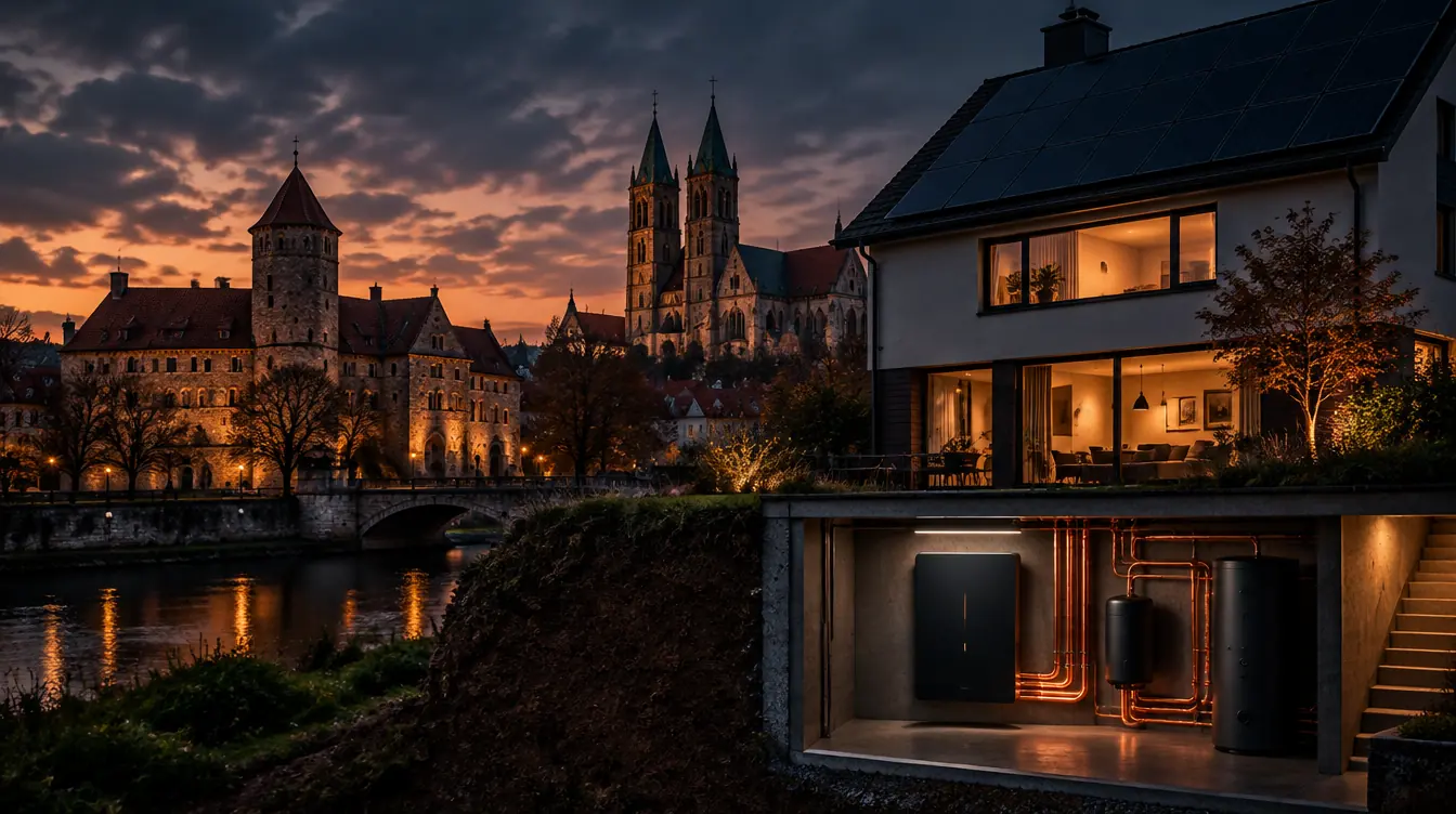 Haus in Braunschweig mit PV-Dach und Heizzentrale im Technikraum – Illustration