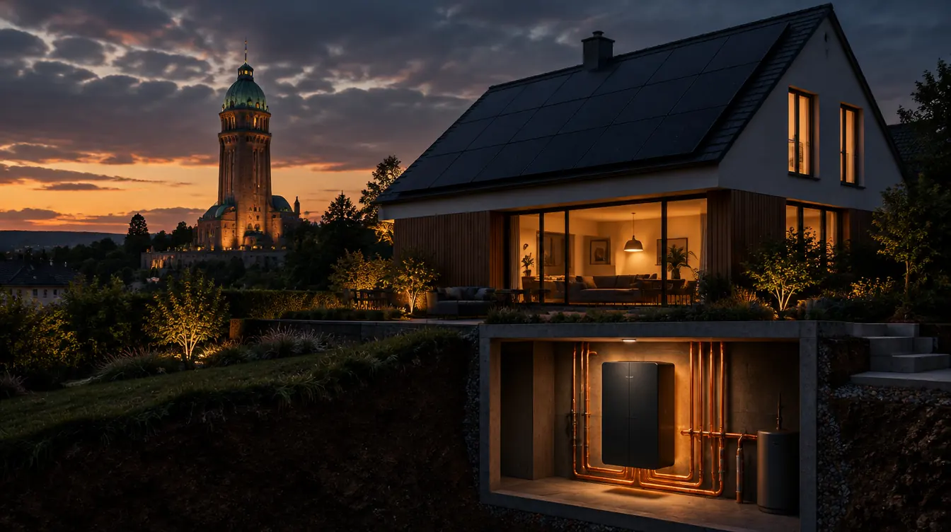 Haus in Darmstadt mit PV-Dach und Heizzentrale im Technikraum – Illustration