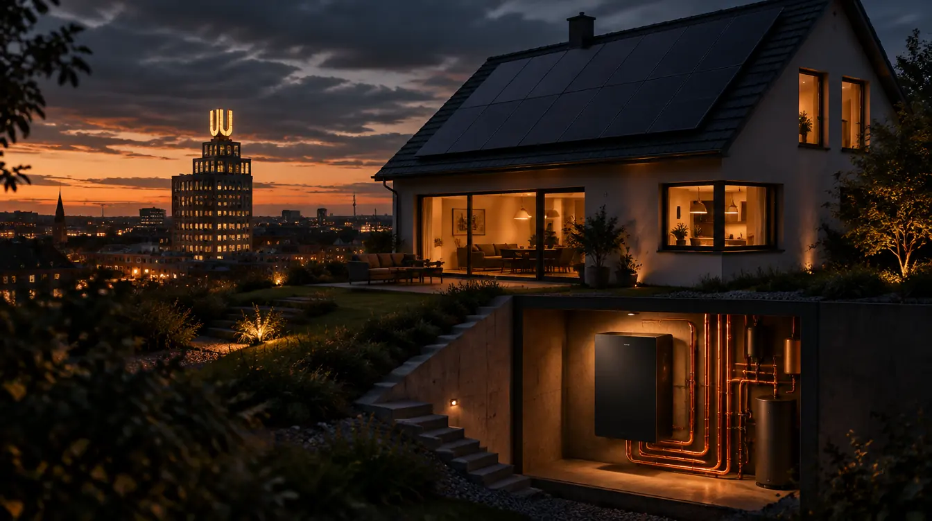Haus in Dortmund mit PV-Dach und Heizzentrale im Technikraum – Illustration