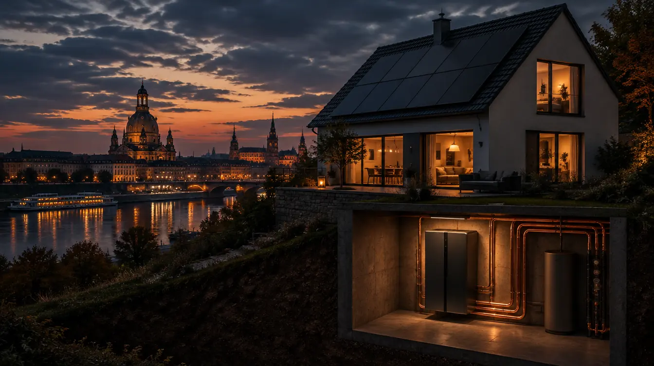 Haus in Dresden mit PV-Dach und Heizzentrale im Technikraum – Illustration