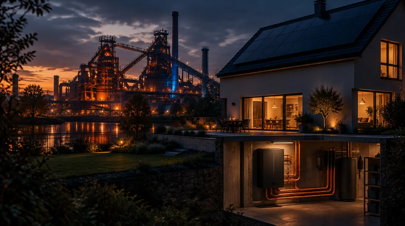 Haus in Duisburg mit PV-Dach und Heizzentrale im Technikraum – Illustration