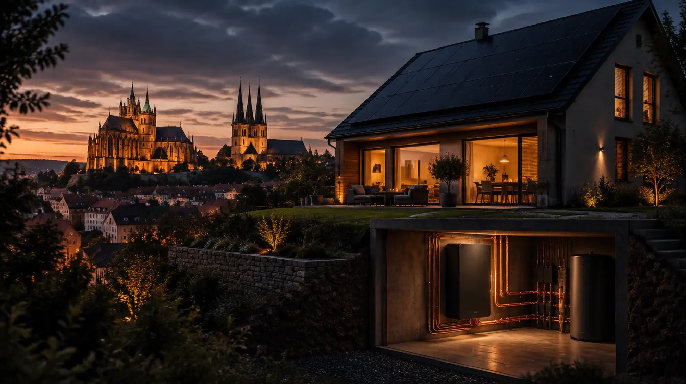 Haus in Erfurt mit PV-Dach und Heizzentrale im Technikraum – Illustration
