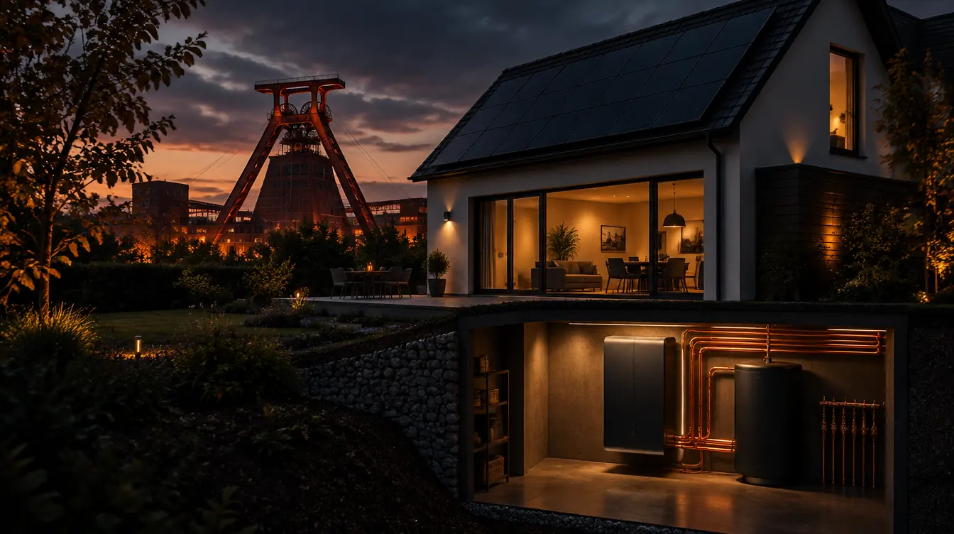 Haus in Essen mit PV-Dach und Heizzentrale im Technikraum – Illustration