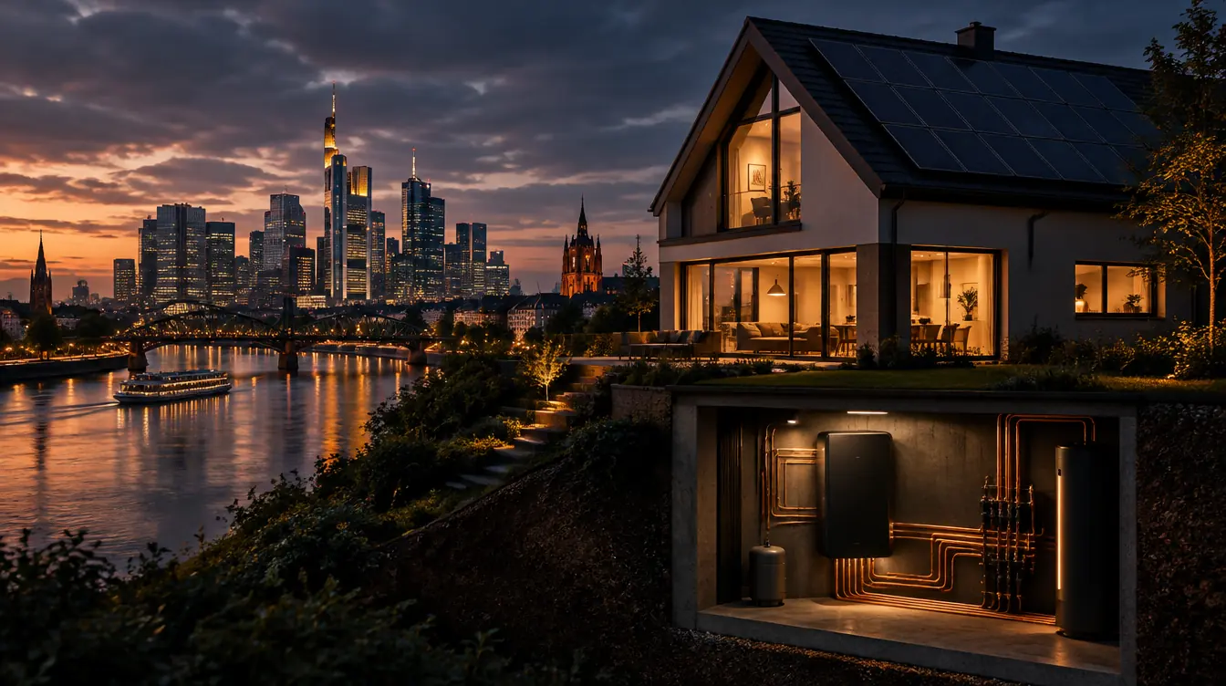 Haus in Frankfurt am Main mit PV-Dach und Heizzentrale im Technikraum – Illustration