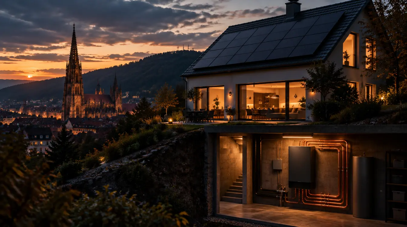 Haus in Freiburg im Breisgau mit PV-Dach und Heizzentrale im Technikraum – Illustration