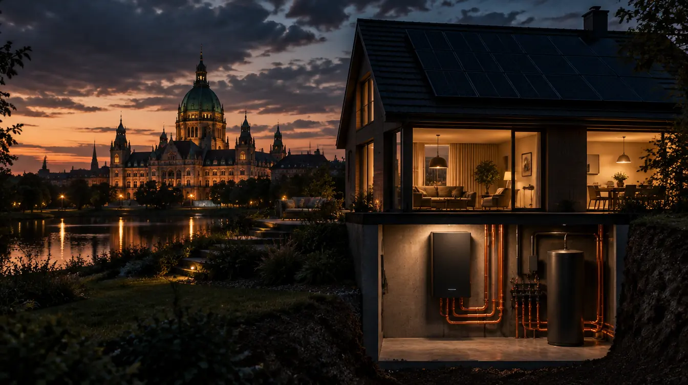 Haus in Hannover mit PV-Dach und Heizzentrale im Technikraum – Illustration