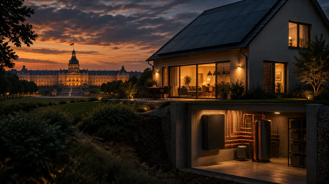 Haus in Karlsruhe mit PV-Dach und Heizzentrale im Technikraum – Illustration