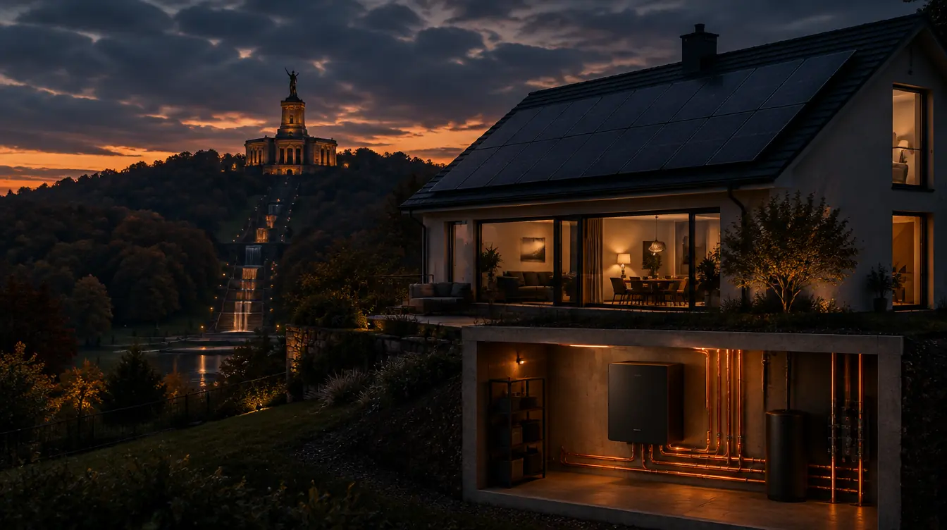 Haus in Kassel mit PV-Dach und Heizzentrale im Technikraum – Illustration