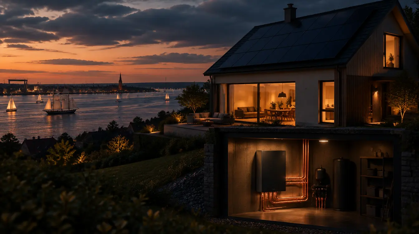 Haus in Kiel mit PV-Dach und Heizzentrale im Technikraum – Illustration