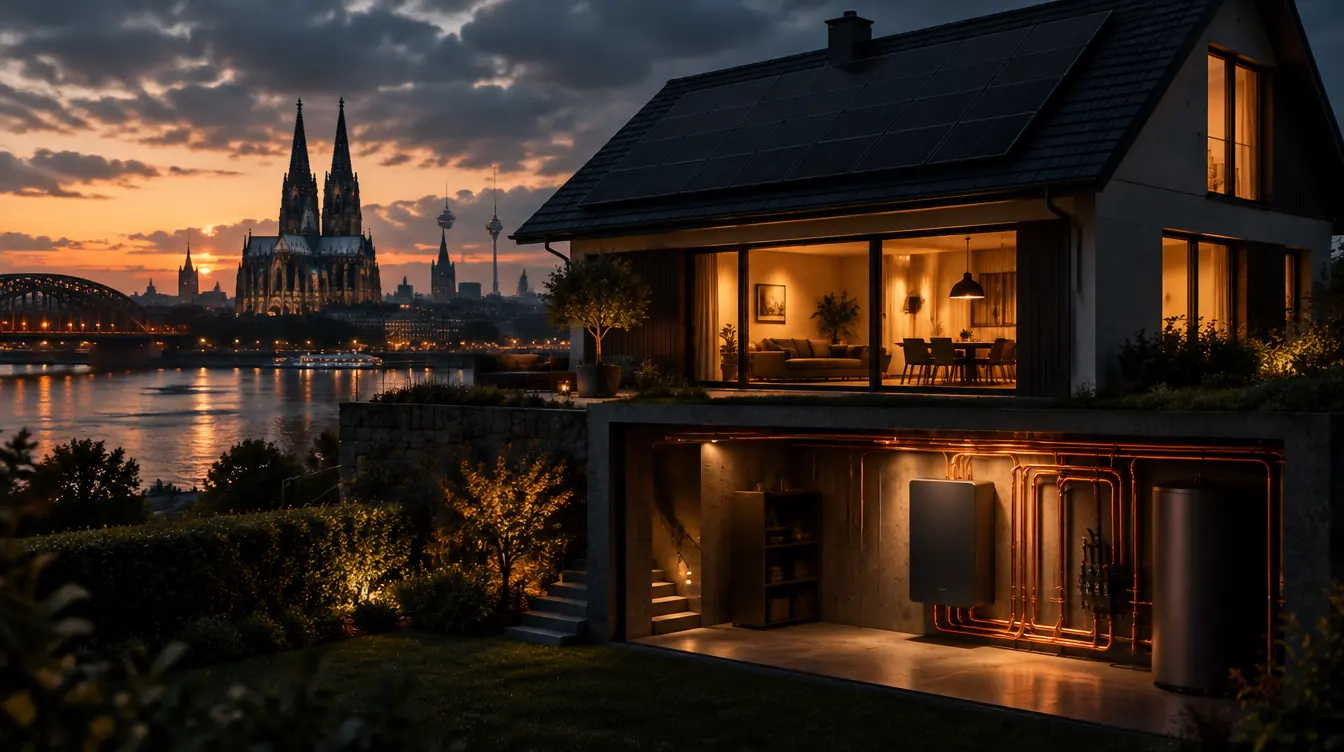 Haus in Köln mit PV-Dach und Heizzentrale im Technikraum – Illustration