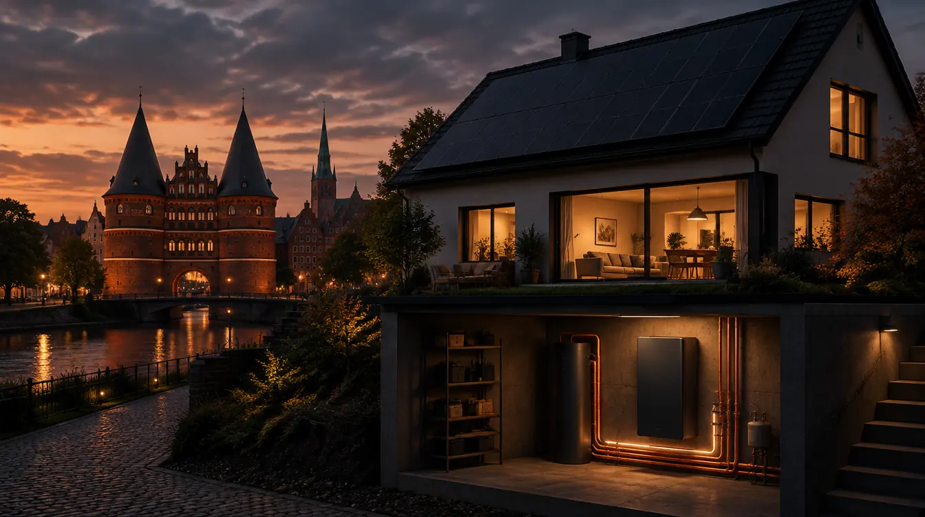 Haus in Lübeck mit PV-Dach und Heizzentrale im Technikraum – Illustration