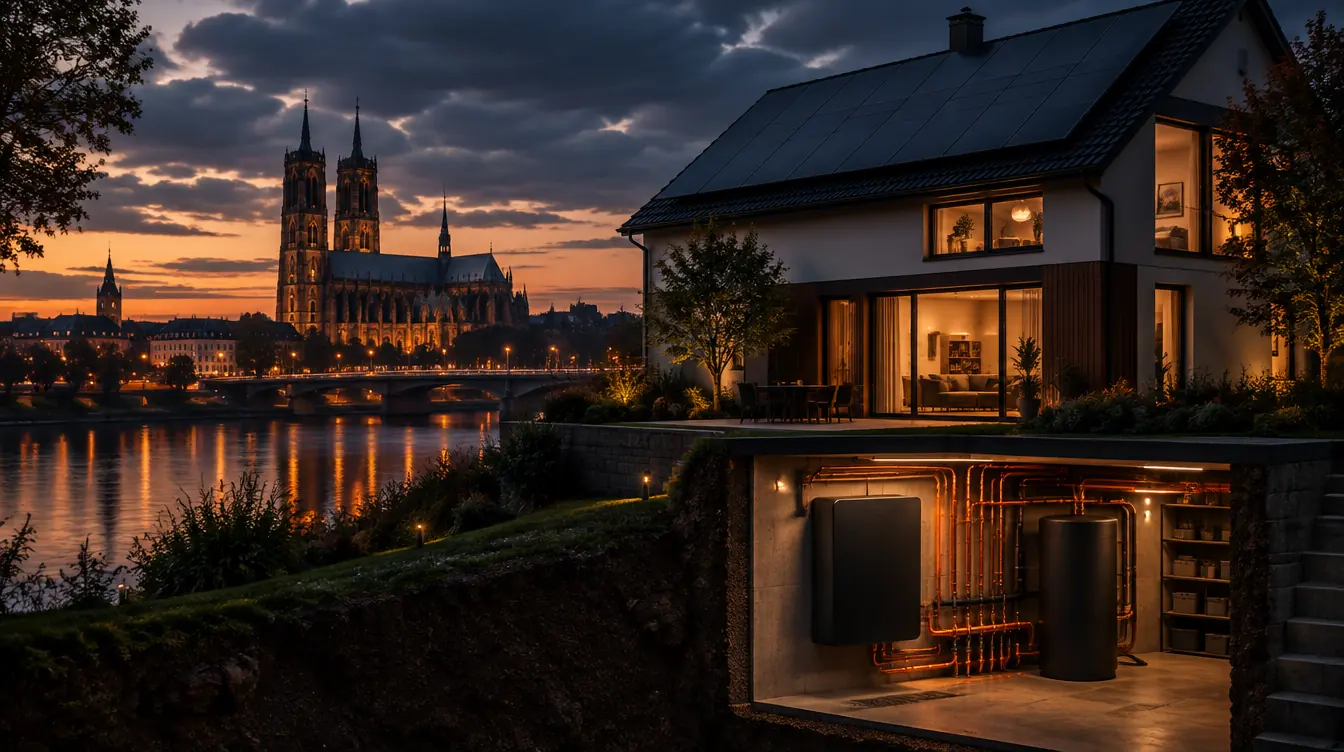 Haus in Magdeburg mit PV-Dach und Heizzentrale im Technikraum – Illustration