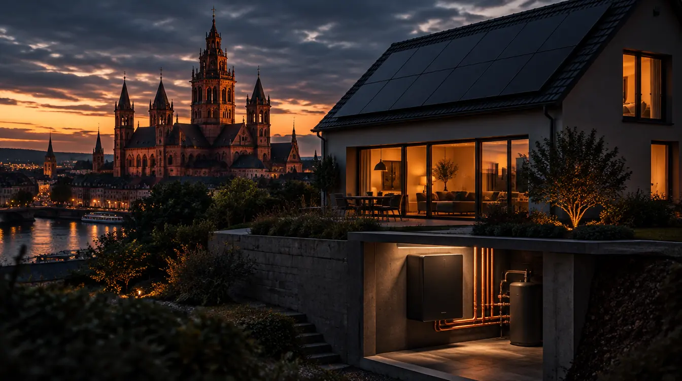 Haus in Mainz mit PV-Dach und Heizzentrale im Technikraum – Illustration