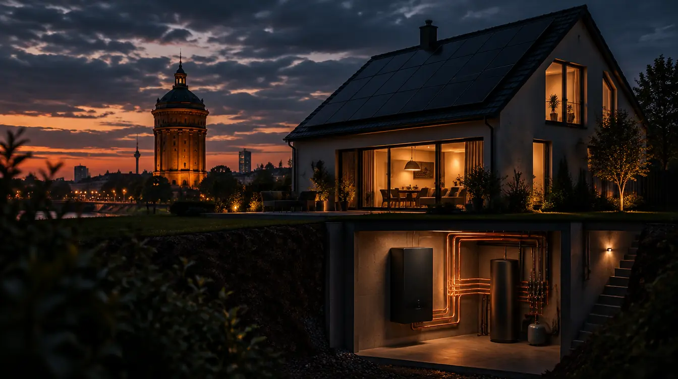 Haus in Mannheim mit PV-Dach und Heizzentrale im Technikraum – Illustration