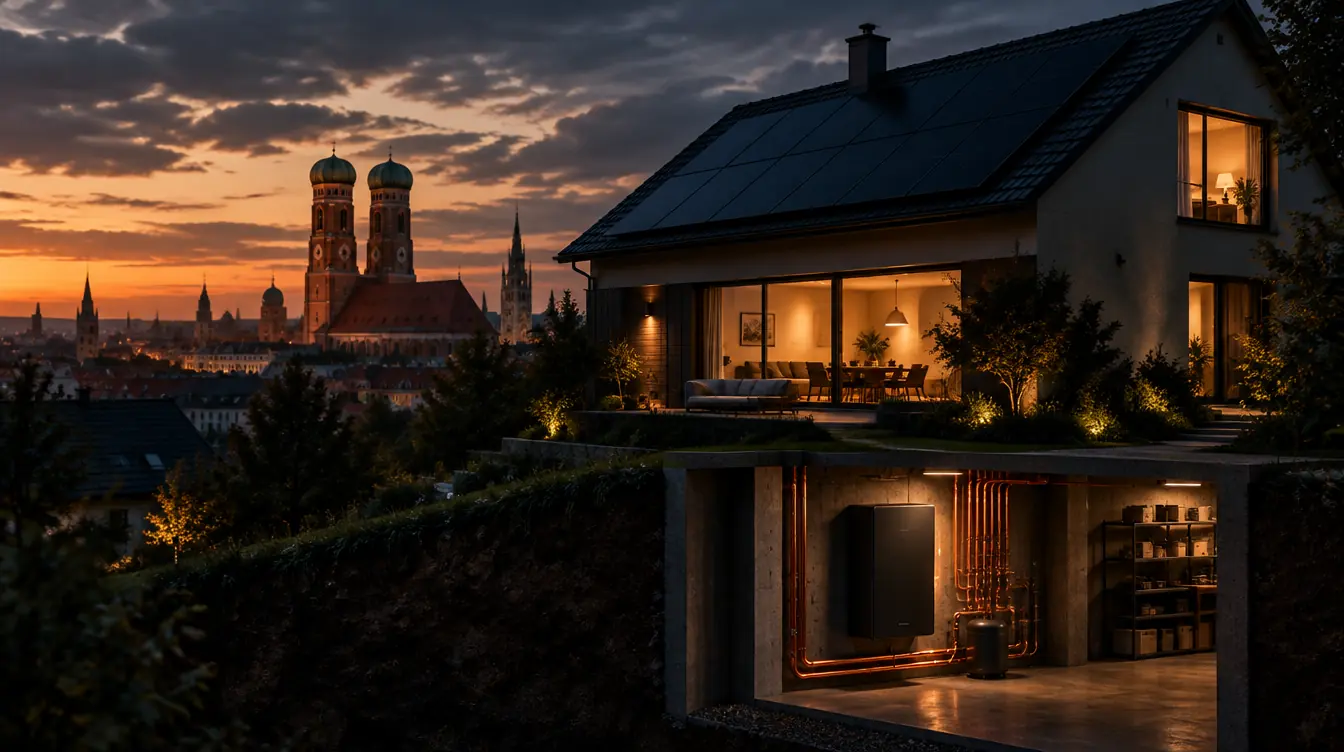 Haus in München mit PV-Dach und Heizzentrale im Technikraum – Illustration
