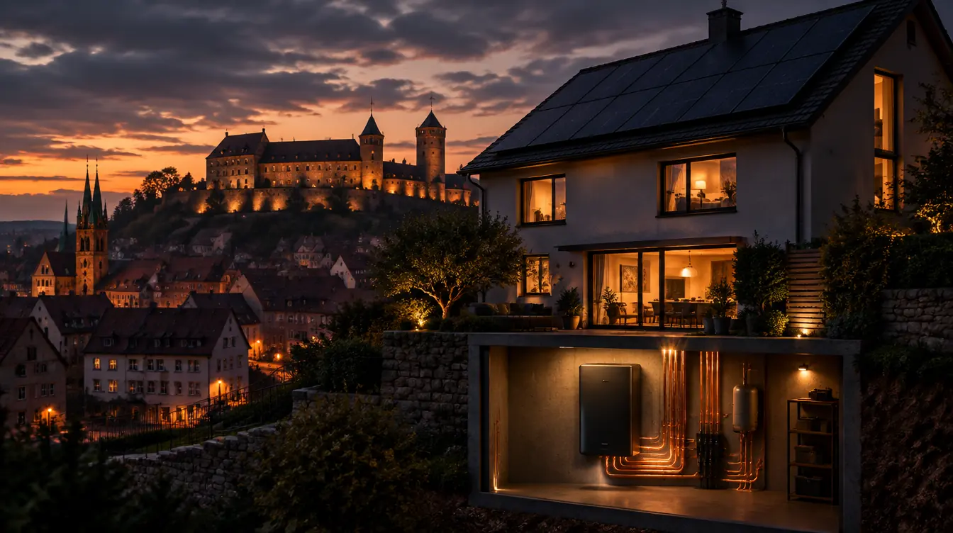 Haus in Nürnberg mit PV-Dach und Heizzentrale im Technikraum – Illustration