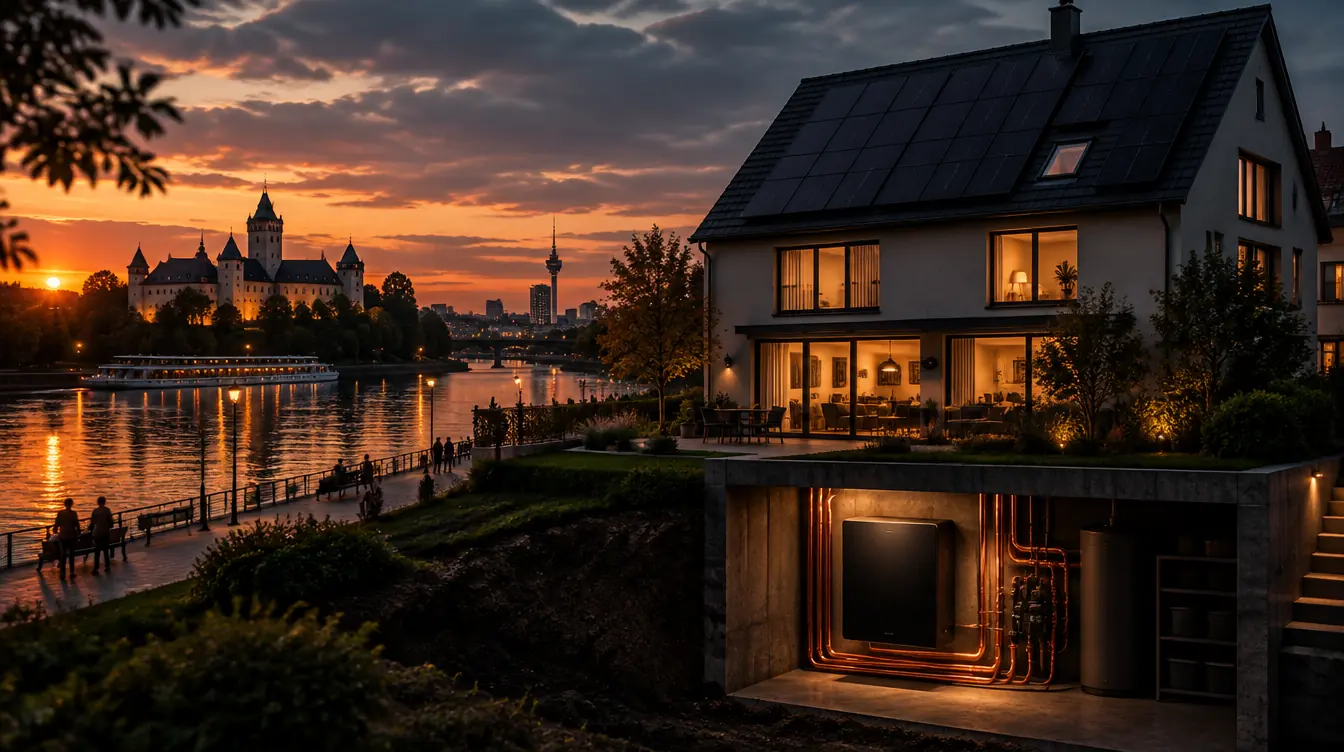 Haus in Offenbach am Main mit PV-Dach und Heizzentrale im Technikraum – Illustration