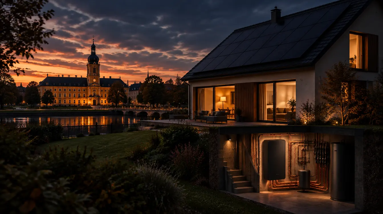 Haus in Oldenburg mit PV-Dach und Heizzentrale im Technikraum – Illustration
