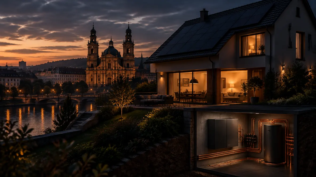 Haus in Saarbrücken mit PV-Dach und Heizzentrale im Technikraum – Illustration