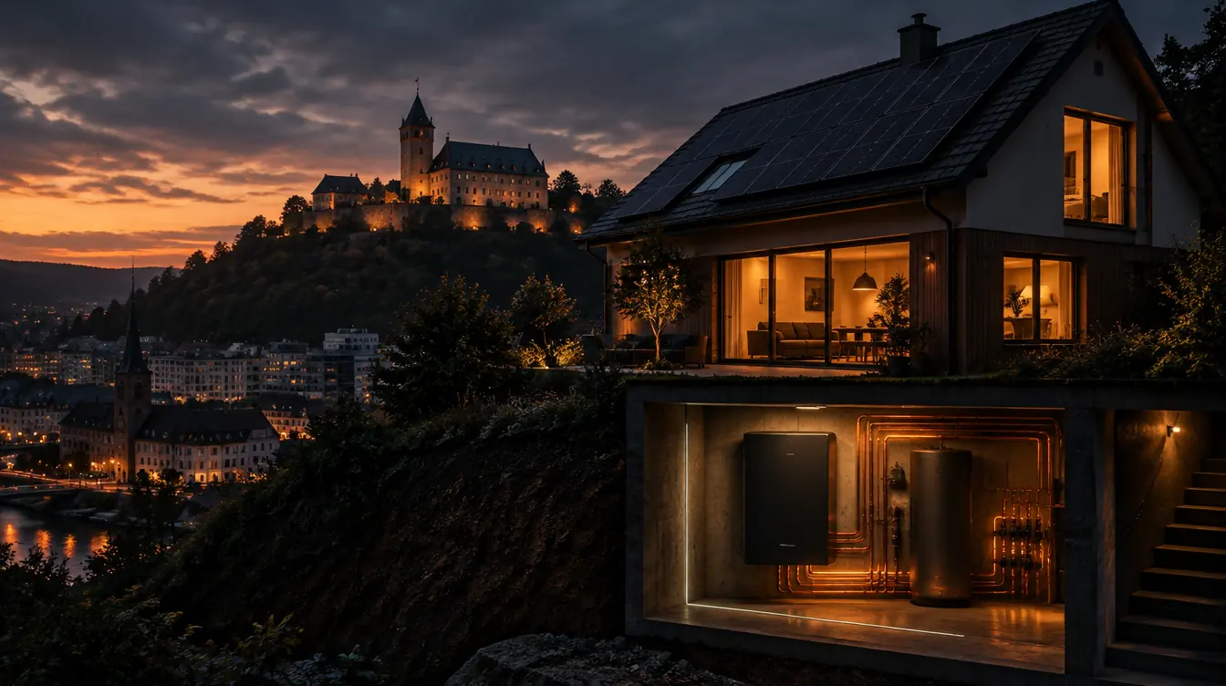 Haus in Siegen mit PV-Dach und Heizzentrale im Technikraum – Illustration