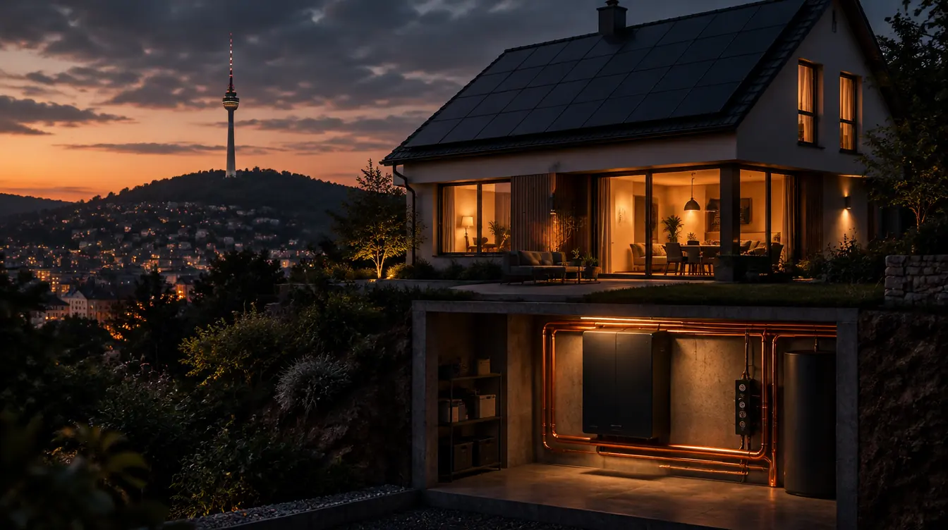 Haus in Stuttgart mit PV-Dach und Heizzentrale im Technikraum – Illustration