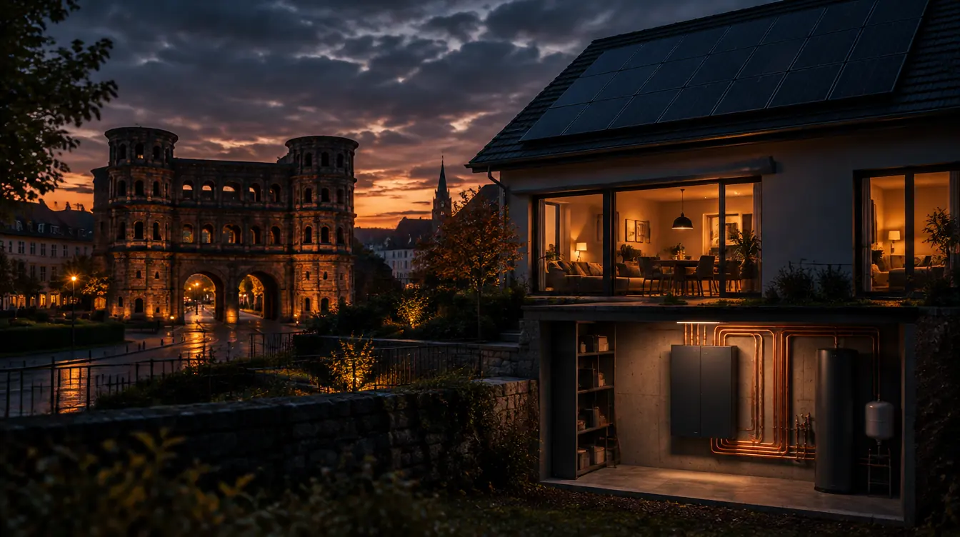 Haus in Trier mit PV-Dach und Heizzentrale im Technikraum – Illustration