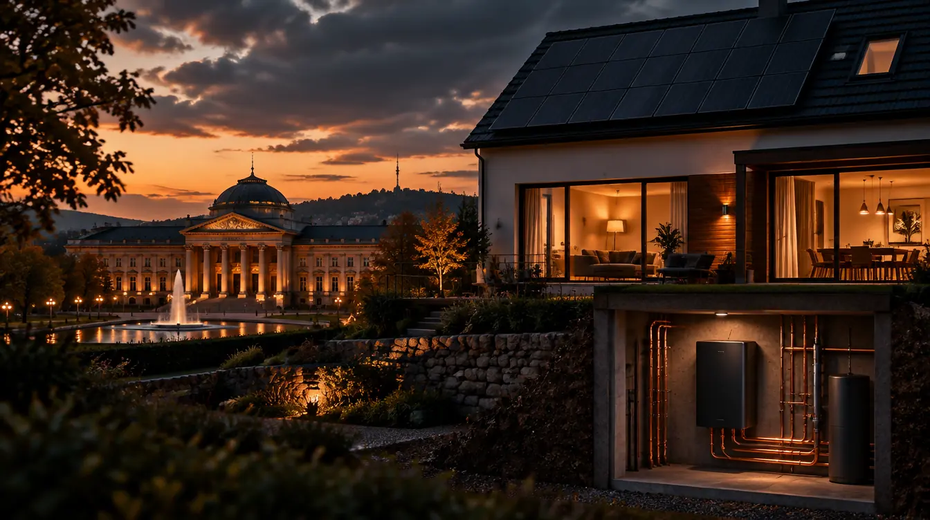 Haus in Wiesbaden mit PV-Dach und Heizzentrale im Technikraum – Illustration