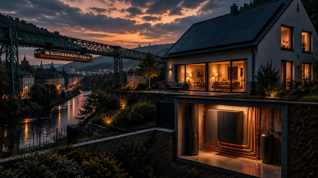 Haus in Wuppertal mit PV-Dach und Heizzentrale im Technikraum – Illustration